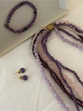 Amethyst and Rose Quartz Beaded Necklace & Earring Set - Purple